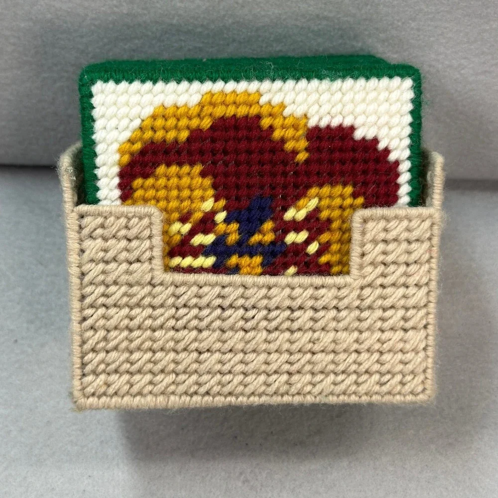 Cottagecore Floral Pansy Coaster Set Multicolor Yarn Needlepoint Handmade